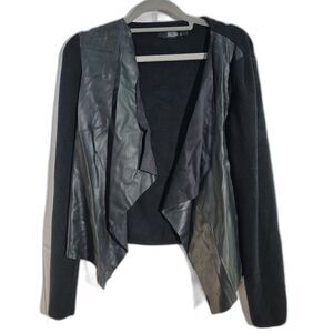 Decjuba Wool Blend Black Faux Leather Waterfall Open Long Sleeve Jacket 8 Flawed